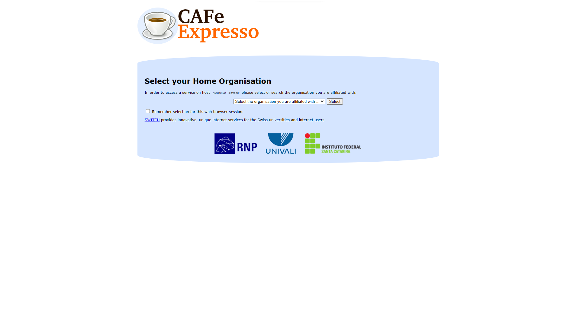 Tela de Escolha da Instituição