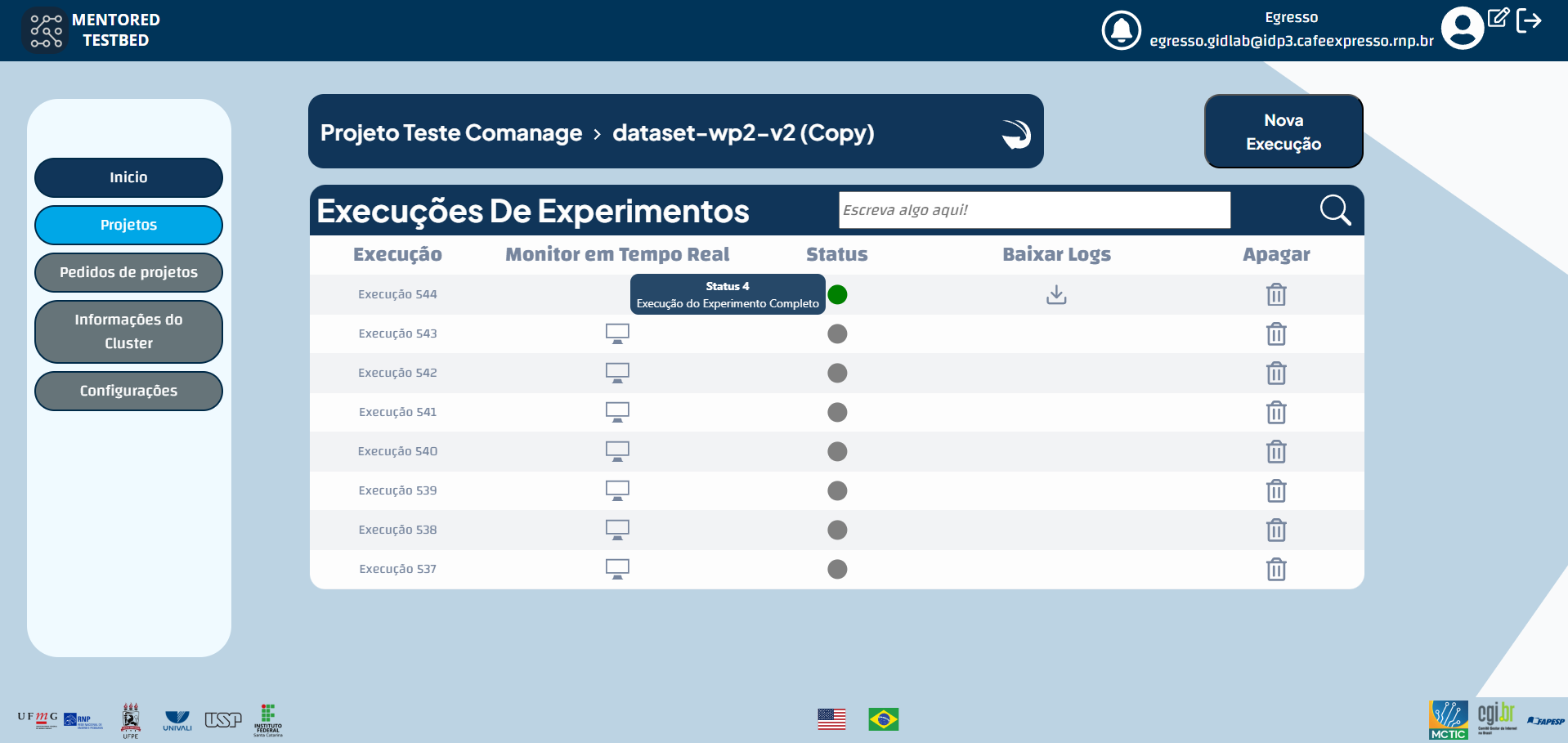 Status de Execução de Experimentos